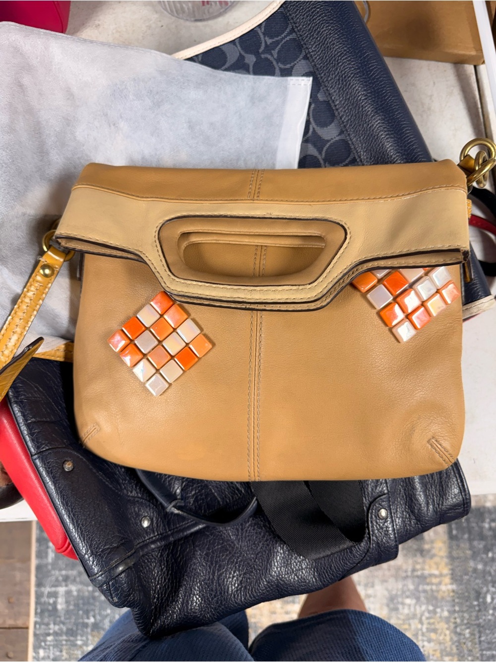 Vintage Coach Bonnie Tan Leather Crossbody Shoulder Bag with Orange Accent Tiles